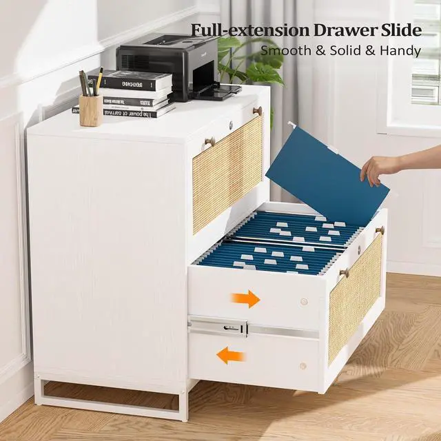 Alt view image 7 of 7 - VINGLI White & Natural Rattan 2 Drawer Lateral File Cabinet with Lock, Wood Locking File Cabinets for Home Office, File Cabinet Printer Stand for Hanging Letter/Legal Size Folders, 30W x 16D x 28H