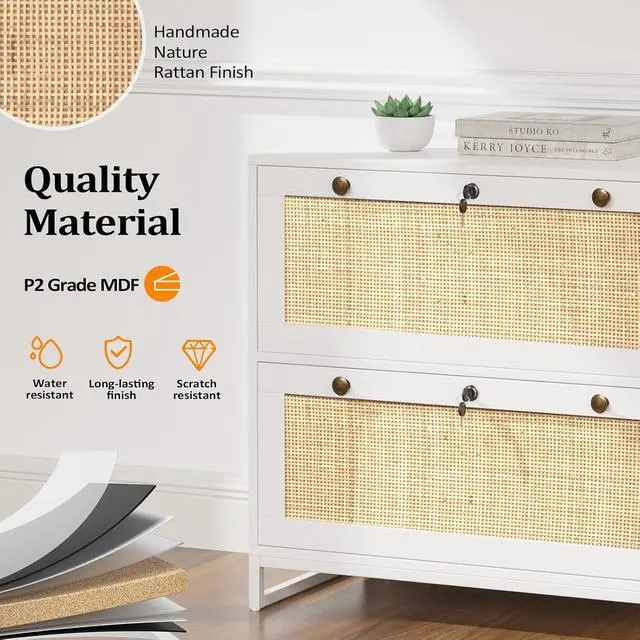 Alt view image 4 of 7 - VINGLI White & Natural Rattan 2 Drawer Lateral File Cabinet with Lock, Wood Locking File Cabinets for Home Office, File Cabinet Printer Stand for Hanging Letter/Legal Size Folders, 30W x 16D x 28H