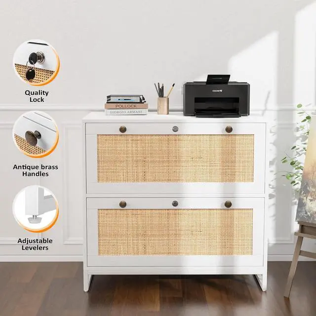 Alt view image 6 of 7 - VINGLI White & Natural Rattan 2 Drawer Lateral File Cabinet with Lock, Wood Locking File Cabinets for Home Office, File Cabinet Printer Stand for Hanging Letter/Legal Size Folders, 30W x 16D x 28H