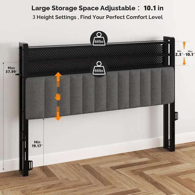 Alt view image 2 of 7 - VINGLI Full Size Headboard Only, Adjustable Upholstered Headboard with 3 Tier Shelves and Pegboard with Charging Stations and LED Lights, Modern Bed Headboard with Storage for Bedroom Decor,Dark Gray