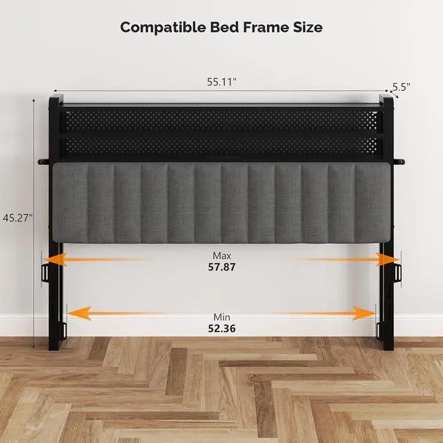 Alt view image 3 of 7 - VINGLI Full Size Headboard Only, Adjustable Upholstered Headboard with 3 Tier Shelves and Pegboard with Charging Stations and LED Lights, Modern Bed Headboard with Storage for Bedroom Decor,Dark Gray
