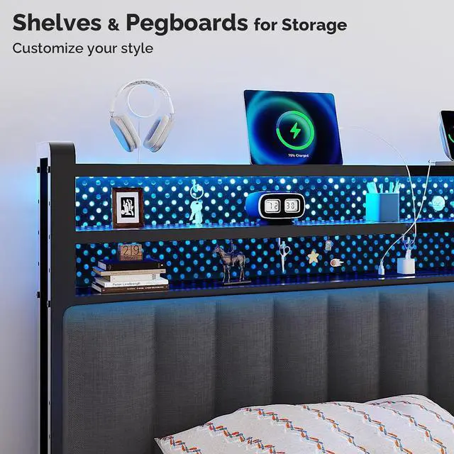 Alt view image 4 of 7 - VINGLI Full Size Headboard Only, Adjustable Upholstered Headboard with 3 Tier Shelves and Pegboard with Charging Stations and LED Lights, Modern Bed Headboard with Storage for Bedroom Decor,Dark Gray