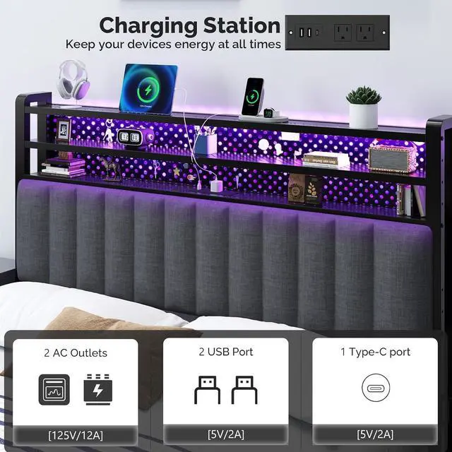 Alt view image 6 of 7 - VINGLI Full Size Headboard Only, Adjustable Upholstered Headboard with 3 Tier Shelves and Pegboard with Charging Stations and LED Lights, Modern Bed Headboard with Storage for Bedroom Decor,Dark Gray