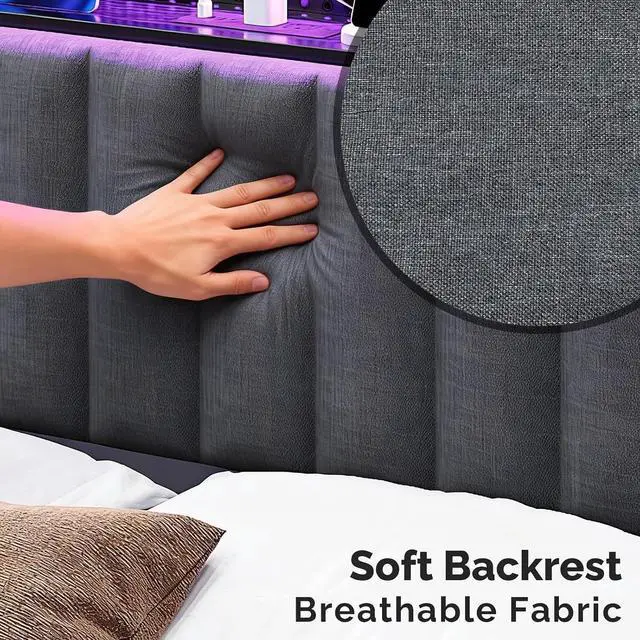 Alt view image 5 of 7 - VINGLI King Size LED Headboard with Charging Station and 3 Layer Storage Shelves, Upholstered Modern Headboard with RGB Lights, USB Ports & Power Outlet for Large Master Bedroom,Linen Dark Gray