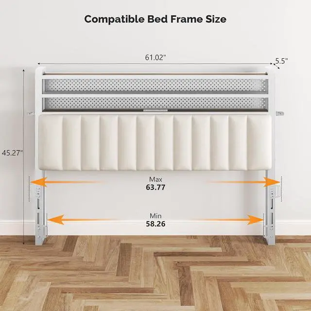 Alt view image 3 of 7 - VINGLI Queen Size Headboard with Shelf, Adjustable Upholstered Headboards with Storage, 3 Tier Shelves and LED Lights, Charging Stations and Pegboard, Modern Bed Head Board, White