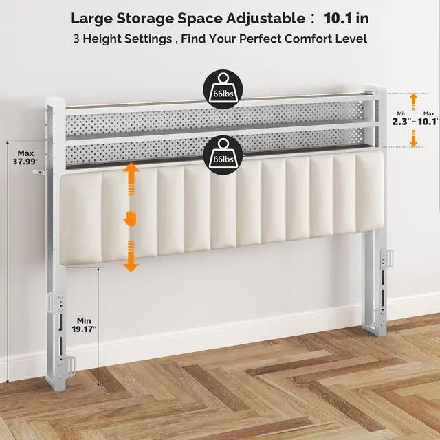 Alt view image 2 of 7 - VINGLI Queen Size Headboard with Shelf, Adjustable Upholstered Headboards with Storage, 3 Tier Shelves and LED Lights, Charging Stations and Pegboard, Modern Bed Head Board, White