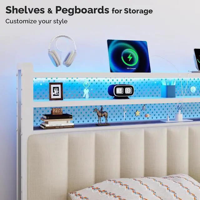 Alt view image 4 of 7 - VINGLI Queen Size Headboard with Shelf, Adjustable Upholstered Headboards with Storage, 3 Tier Shelves and LED Lights, Charging Stations and Pegboard, Modern Bed Head Board, White
