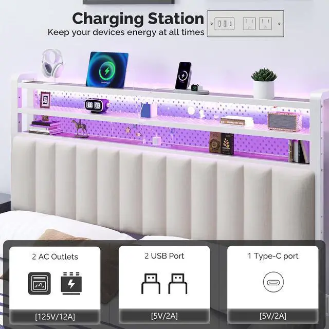 Alt view image 6 of 7 - VINGLI Queen Size Headboard with Shelf, Adjustable Upholstered Headboards with Storage, 3 Tier Shelves and LED Lights, Charging Stations and Pegboard, Modern Bed Head Board, White