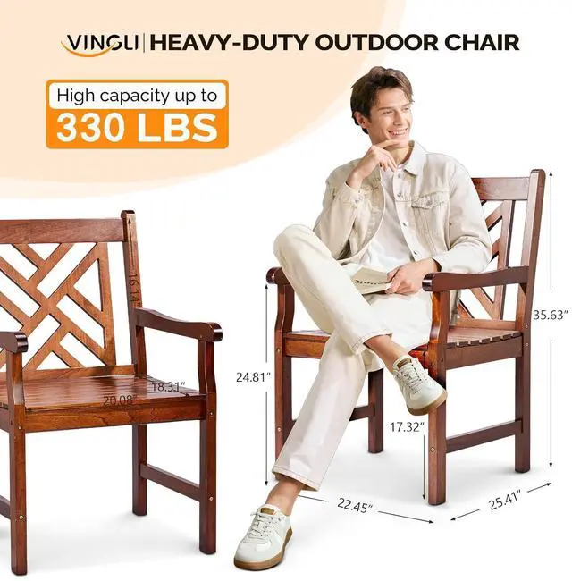 Alt view image 3 of 7 - VINGLI Outdoor Dining Chairs, Heavy Duty 330 LBS Wooden Patio Chairs with Comfortable Backrest, Solid Wood Patio Dining Chairs Garden Chairs for Yard, Front Porch and Deck (Teak, 1 PCS)