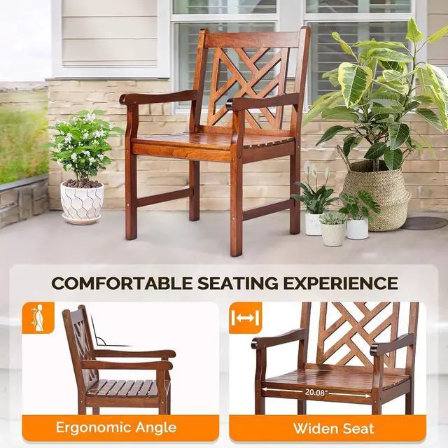 Alt view image 5 of 7 - VINGLI Outdoor Dining Chairs, Heavy Duty 330 LBS Wooden Patio Chairs with Comfortable Backrest, Solid Wood Patio Dining Chairs Garden Chairs for Yard, Front Porch and Deck (Teak, 1 PCS)