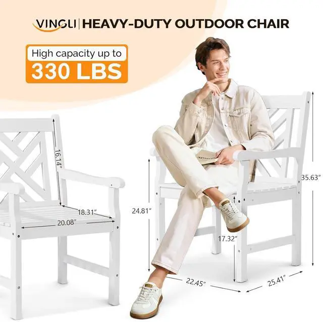 Alt view image 3 of 7 - VINGLI Outdoor Dining Chairs, Heavy Duty 330 LBS Wooden Patio Chairs with Comfortable Backrest, Solid Wood Patio Dining Chairs Garden Chairs for Yard, Front Porch and Deck (White, 1 PCS)