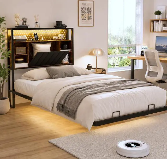 Main image of VINGLI Floating Bed Frame Twin Bed with Charging Station and LED Lights,Twin Metal Bed Frame,Cozy Hidden Storage Velvet Upholstered Headboard,No Box Spring Needed,Easy Assembly,Black