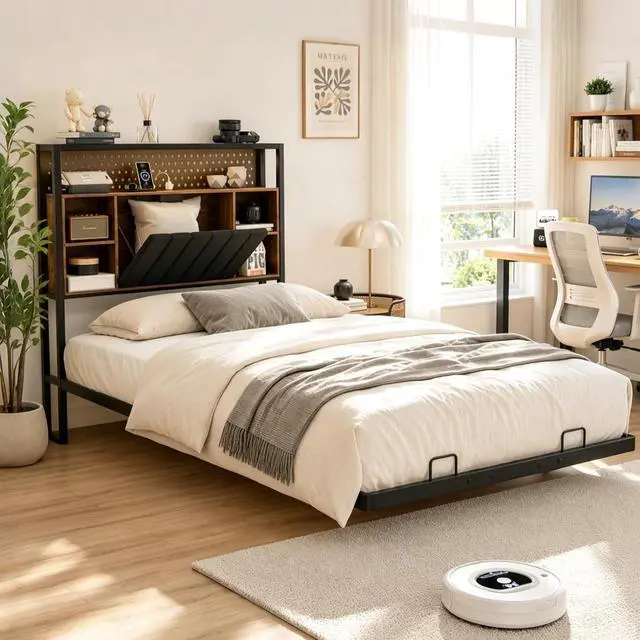 Alt view image 3 of 7 - VINGLI Floating Bed Frame Twin Bed with Charging Station and LED Lights,Twin Metal Bed Frame,Cozy Hidden Storage Velvet Upholstered Headboard,No Box Spring Needed,Easy Assembly,Black