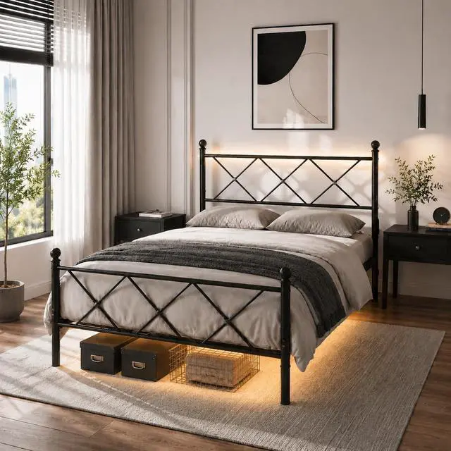 Main image of VINGLI Full Bed Frame with Headboard and Footboard, Metal Bed Frame with Extra High Footboard, Heavy Duty Platform Bed with LED Lights & Charging Station, Under Bed Storage, No Box Spring Needed,Black
