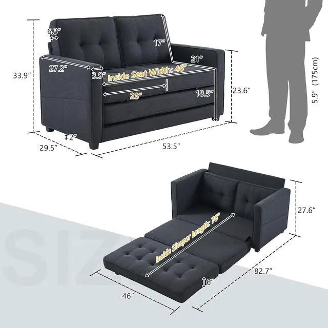 Alt view image 3 of 7 - VINGLI Upgraded Loveseat Sleeper, 53.5" W 83" L Convertible Sofa Bed Couch Futon Couches for Living Room, Folding Couch Bed for Small Spaces, Fold Out Floor Gaming Sofa Bed for Basement, Black