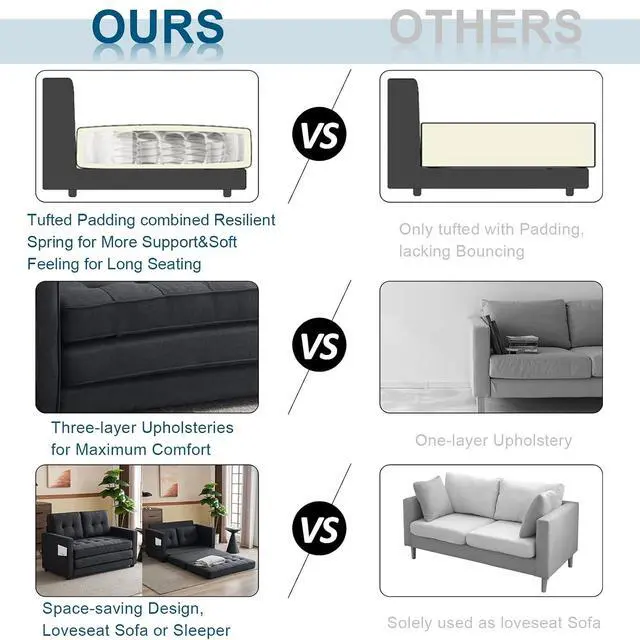 Alt view image 4 of 7 - VINGLI Upgraded Loveseat Sleeper, 53.5" W 83" L Convertible Sofa Bed Couch Futon Couches for Living Room, Folding Couch Bed for Small Spaces, Fold Out Floor Gaming Sofa Bed for Basement, Black
