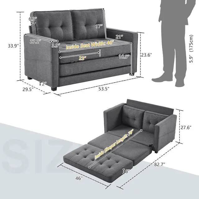 Alt view image 3 of 7 - VINGLUpgraded Loveseat Sleeper, 53.5"W 83"L Convertible Sofa Bed Couch Futon Couches for Living Room, Twin Folding Couch Bed for Small Spaces, Foldable Floor Gaming Sofa Bed for Basement, Dark Grey