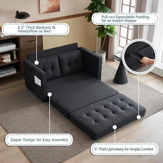 Alt view image 6 of 7 - VINGLI Upgraded Loveseat Sleeper, 53.5" W 83" L Convertible Sofa Bed Couch Futon Couches for Living Room, Folding Couch Bed for Small Spaces, Fold Out Floor Gaming Sofa Bed for Basement, Black