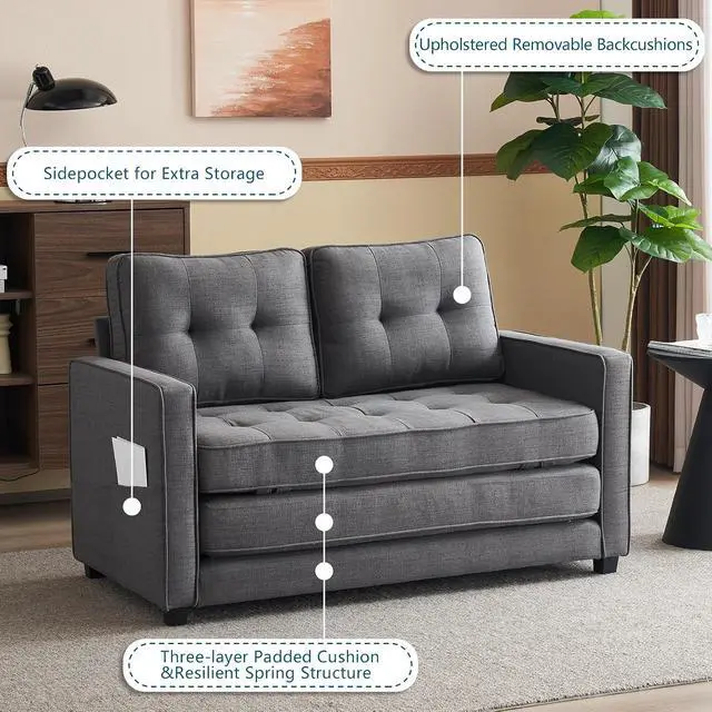Alt view image 6 of 7 - VINGLUpgraded Loveseat Sleeper, 53.5"W 83"L Convertible Sofa Bed Couch Futon Couches for Living Room, Twin Folding Couch Bed for Small Spaces, Foldable Floor Gaming Sofa Bed for Basement, Dark Grey