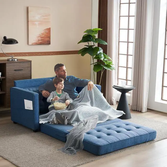 Alt view image 2 of 7 - VINGLI Upgraded Loveseat Sleeper, 53.5" W 80" L Convertible Sofa Bed Couch Futon Couches for Living Room, Folding Couch Bed for Small Spaces, Foldable Floor Gaming Sofa Bed for Basement, Navy Blue