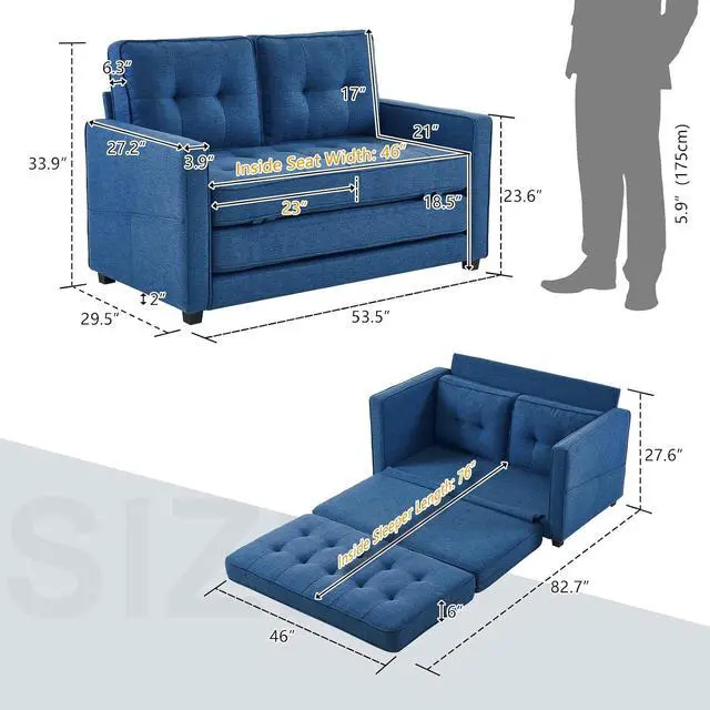 Alt view image 3 of 7 - VINGLI Upgraded Loveseat Sleeper, 53.5" W 80" L Convertible Sofa Bed Couch Futon Couches for Living Room, Folding Couch Bed for Small Spaces, Foldable Floor Gaming Sofa Bed for Basement, Navy Blue