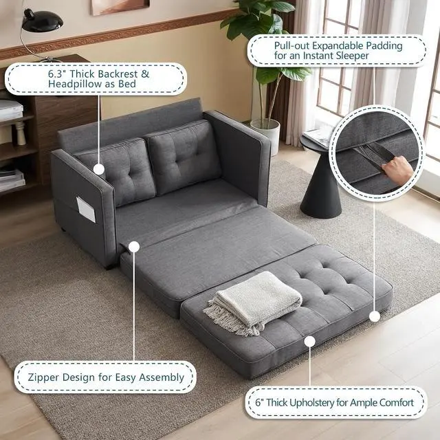 Alt view image 5 of 7 - VINGLUpgraded Loveseat Sleeper, 53.5"W 83"L Convertible Sofa Bed Couch Futon Couches for Living Room, Twin Folding Couch Bed for Small Spaces, Foldable Floor Gaming Sofa Bed for Basement, Dark Grey