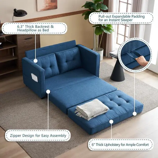 Alt view image 6 of 7 - VINGLI Upgraded Loveseat Sleeper, 53.5" W 80" L Convertible Sofa Bed Couch Futon Couches for Living Room, Folding Couch Bed for Small Spaces, Foldable Floor Gaming Sofa Bed for Basement, Navy Blue