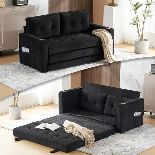 Main image of VINGLI Upgraded 64" W 84" L Full Size Futon Sofa Bed, 6" Thick Upholstery Chenille Loveseat Sofa Sleeper Pull Out Couch,Convertible Floor Couch for Living Room, Bedroom, Entertainment Room, Black