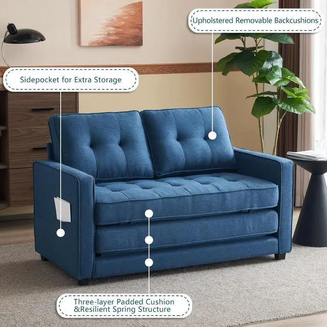 Alt view image 7 of 7 - VINGLI Upgraded Loveseat Sleeper, 53.5" W 80" L Convertible Sofa Bed Couch Futon Couches for Living Room, Folding Couch Bed for Small Spaces, Foldable Floor Gaming Sofa Bed for Basement, Navy Blue