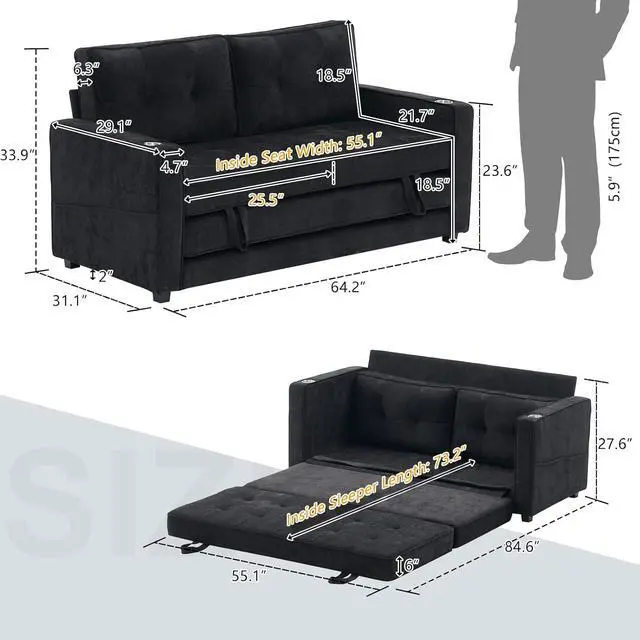 Alt view image 3 of 7 - VINGLI Upgraded 64" W 84" L Full Size Futon Sofa Bed, 6" Thick Upholstery Chenille Loveseat Sofa Sleeper Pull Out Couch,Convertible Floor Couch for Living Room, Bedroom, Entertainment Room, Black