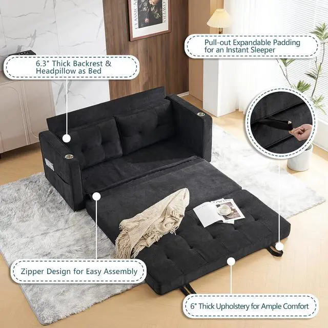 Alt view image 4 of 7 - VINGLI Upgraded 64" W 84" L Full Size Futon Sofa Bed, 6" Thick Upholstery Chenille Loveseat Sofa Sleeper Pull Out Couch,Convertible Floor Couch for Living Room, Bedroom, Entertainment Room, Black