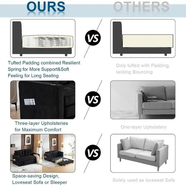 Alt view image 6 of 7 - VINGLI Upgraded 64" W 84" L Full Size Futon Sofa Bed, 6" Thick Upholstery Chenille Loveseat Sofa Sleeper Pull Out Couch,Convertible Floor Couch for Living Room, Bedroom, Entertainment Room, Black