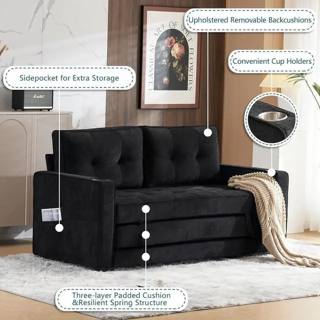 Alt view image 7 of 7 - VINGLI Upgraded 64" W 84" L Full Size Futon Sofa Bed, 6" Thick Upholstery Chenille Loveseat Sofa Sleeper Pull Out Couch,Convertible Floor Couch for Living Room, Bedroom, Entertainment Room, Black