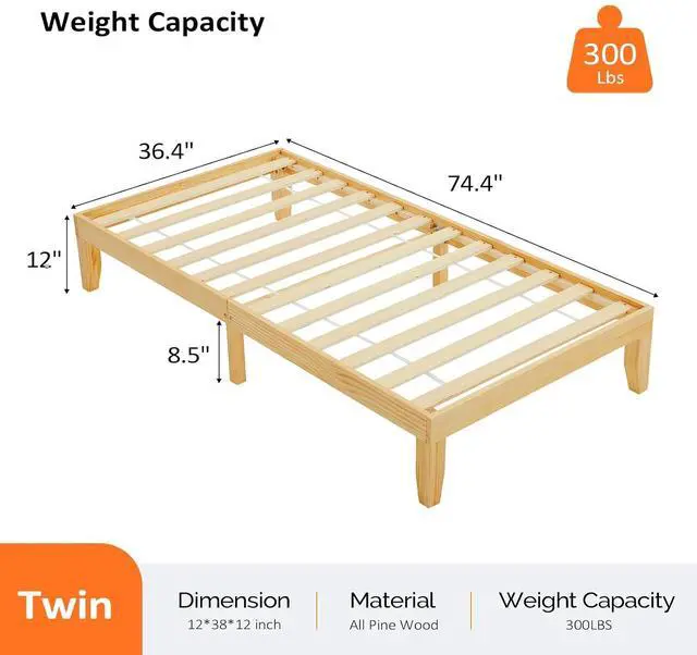 Alt view image 2 of 7 - VINGLI 12 in Classic Solid Wood Twin Platform Bed Frame with Storage Space Underneath,Sturdy Wooden Bed Slat Support, Minimalist Design, No Box Spring Needed,Easy Assembly,Natural Pine,Natural Oak