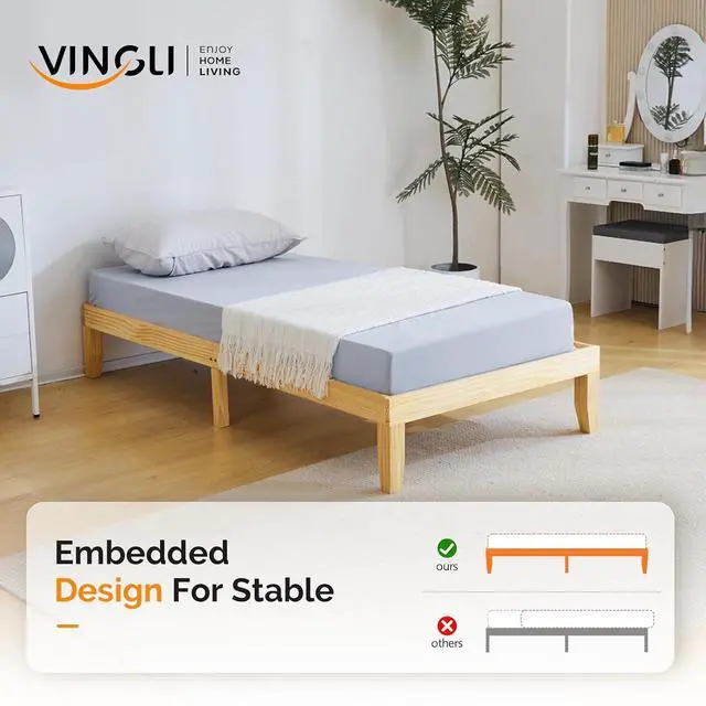 Alt view image 6 of 7 - VINGLI 12 in Classic Solid Wood Twin Platform Bed Frame with Storage Space Underneath,Sturdy Wooden Bed Slat Support, Minimalist Design, No Box Spring Needed,Easy Assembly,Natural Pine,Natural Oak