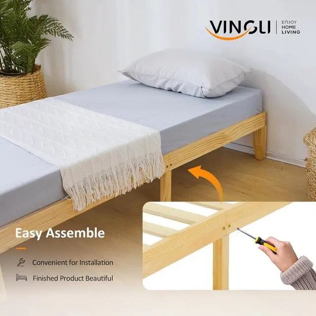 Alt view image 5 of 7 - VINGLI 12 in Classic Solid Wood Twin Platform Bed Frame with Storage Space Underneath,Sturdy Wooden Bed Slat Support, Minimalist Design, No Box Spring Needed,Easy Assembly,Natural Pine,Natural Oak