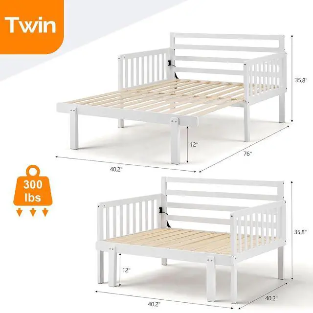 Alt view image 2 of 7 - VINGLI Solid Wood Twin Platform Bed Frame with Headboard, Space Saving Bed with Pull-Out Design, LED Lights, Charging Station, 3-Side Guardrails, 12 Inch Under-Bed Storage for Kids Room,White
