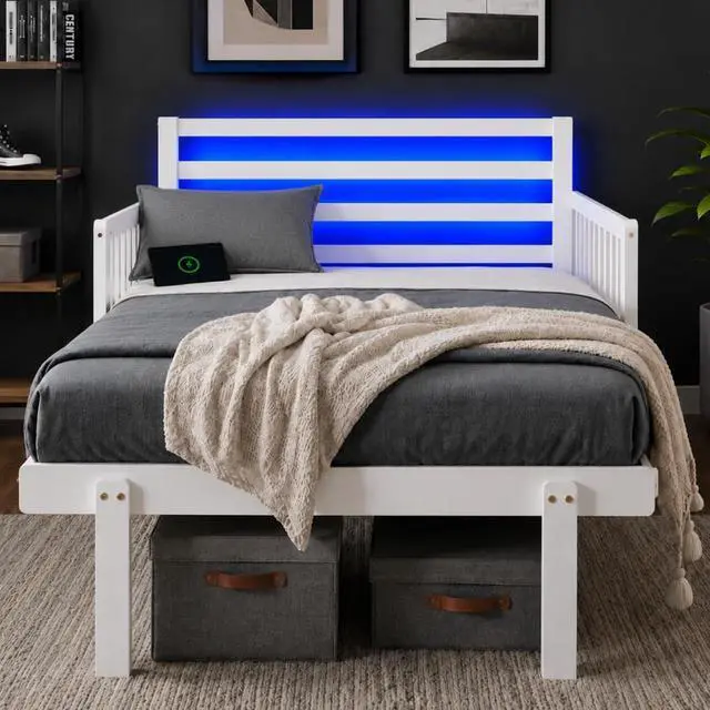 Alt view image 3 of 7 - VINGLI Solid Wood Twin Platform Bed Frame with Headboard, Space Saving Bed with Pull-Out Design, LED Lights, Charging Station, 3-Side Guardrails, 12 Inch Under-Bed Storage for Kids Room,White