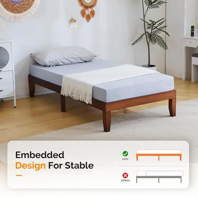 Alt view image 5 of 7 - VINGLI 12 in Classic Solid Wood Twin Platform Bed Frame with Storage Space Underneath,Sturdy Wooden Bed Slat Support, Minimalist Design, No Box Spring Needed,Easy Assembly,Natural Pine,Espresso
