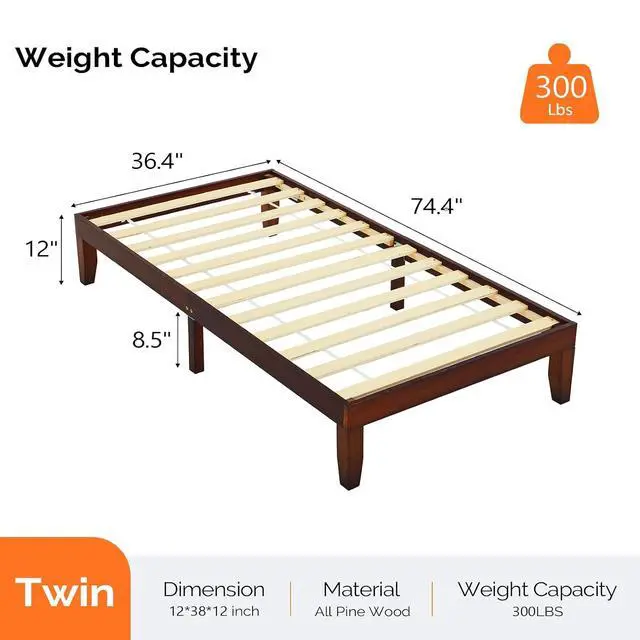 Alt view image 2 of 7 - VINGLI 12 in Classic Solid Wood Twin Platform Bed Frame with Storage Space Underneath,Sturdy Wooden Bed Slat Support, Minimalist Design, No Box Spring Needed,Easy Assembly,Natural Pine,Espresso