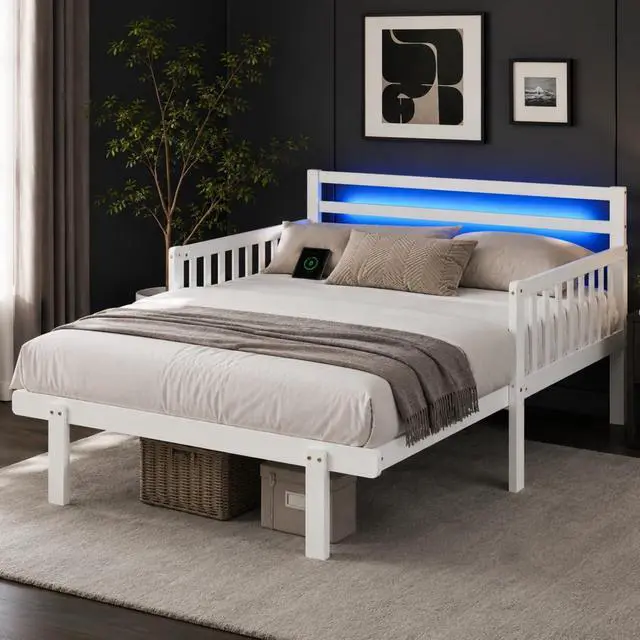 Main image of VINGLI Solid Wood Twin Platform Bed Frame with Headboard, Space Saving Bed with Pull-Out Design, LED Lights, Charging Station, 3-Side Guardrails, 12 Inch Under-Bed Storage for Kids Room,White