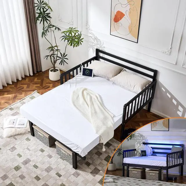 Alt view image 3 of 7 - VINGLI Solid Wood Twin Platform Bed Frame with Headboard, Space Saving Bed Frame with LED Lights, Charging Station, 3-Side Guardrails, 12 Inch Under-Bed Storage for Kids Room,Guest Room,Black