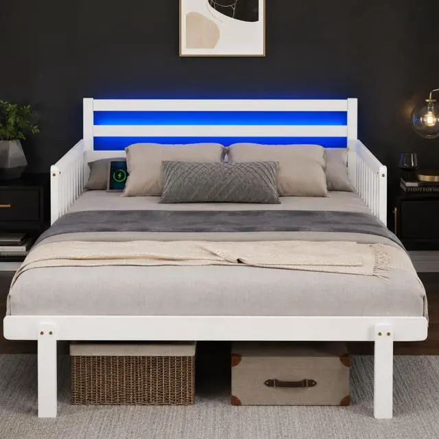 Alt view image 3 of 7 - VINGLI Pull Out Full Platform Bed Frame with Headboard, Solid Wood Bed Frame with LED Lights, USB Type-C Charging Station, Sofa-to-Bed Design, 12 Inch Storage for Adults Guest Room,White