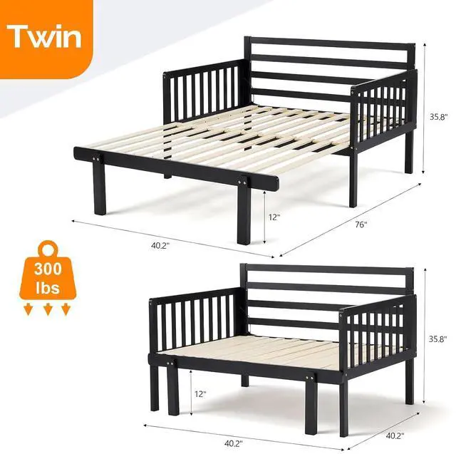 Alt view image 2 of 7 - VINGLI Solid Wood Twin Platform Bed Frame with Headboard, Space Saving Bed Frame with LED Lights, Charging Station, 3-Side Guardrails, 12 Inch Under-Bed Storage for Kids Room,Guest Room,Black