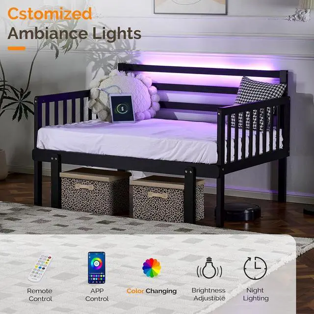 Alt view image 7 of 7 - VINGLI Solid Wood Twin Platform Bed Frame with Headboard, Space Saving Bed Frame with LED Lights, Charging Station, 3-Side Guardrails, 12 Inch Under-Bed Storage for Kids Room,Guest Room,Black
