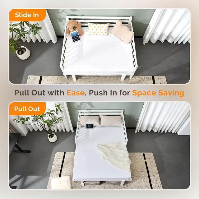 Alt view image 4 of 7 - VINGLI Solid Wood Twin Platform Bed Frame with Headboard, Space Saving Bed with Pull-Out Design, LED Lights, Charging Station, 3-Side Guardrails, 12 Inch Under-Bed Storage for Kids Room,White