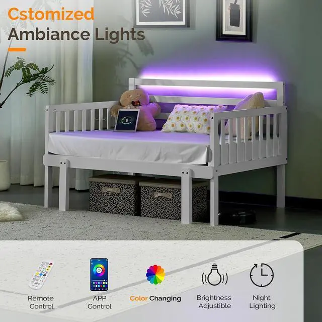Alt view image 6 of 7 - VINGLI Solid Wood Twin Platform Bed Frame with Headboard, Space Saving Bed with Pull-Out Design, LED Lights, Charging Station, 3-Side Guardrails, 12 Inch Under-Bed Storage for Kids Room,White