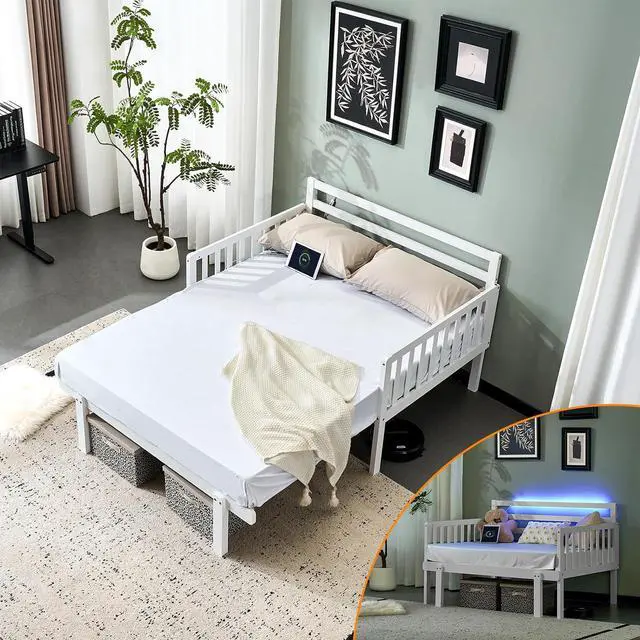 Alt view image 6 of 7 - VINGLI Pull Out Full Platform Bed Frame with Headboard, Solid Wood Bed Frame with LED Lights, USB Type-C Charging Station, Sofa-to-Bed Design, 12 Inch Storage for Adults Guest Room,White