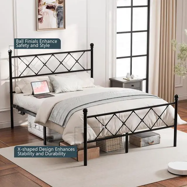 Alt view image 7 of 7 - VINGLI Full Bed Frame with Headboard and Footboard, Metal Bed Frame with Extra High Footboard, Heavy Duty Platform Bed with LED Lights & Charging Station, Under Bed Storage, No Box Spring Needed,Black