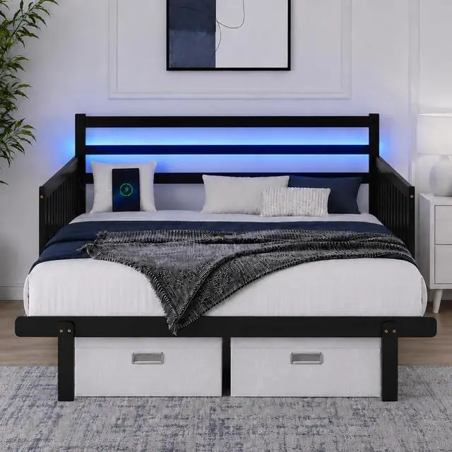 Alt view image 6 of 7 - VINGLI Solid Wood Full Platform Bed Frame with Headboard, Pull Out Bed with LED Lights, Charging Station, Sofa-to-Bed Design, 3-Side Guardrails, 12 Inch Storage for Adults Guest Room, Black